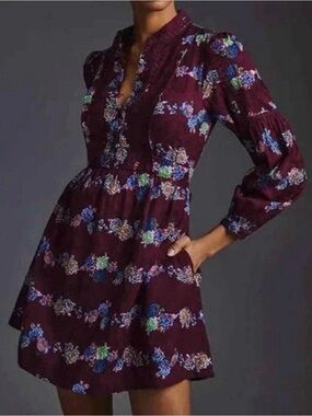 By Anthropologie Burgundy Floral Lace Trim Mini Dress Size Small